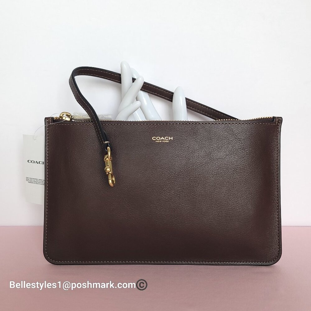 COACH Natural Grain Leather Top-Zip Pouch with Dog-clip Leash- Maple color⭐ - Picture 6 of 16